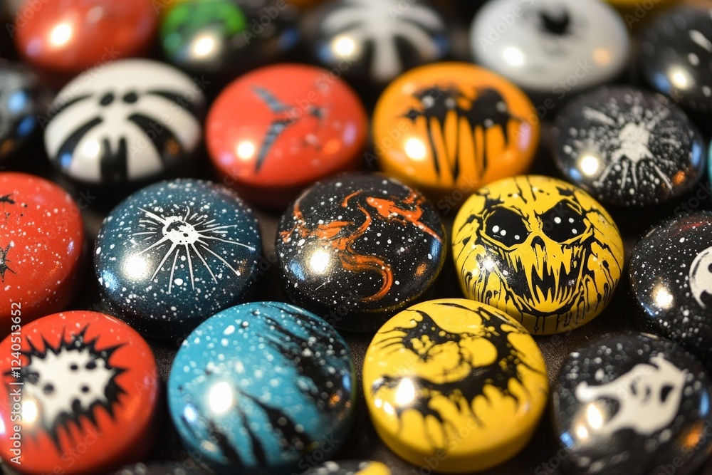 Poster unique hand-painted game pieces featuring vibrant designs in a variety of colors and patterns