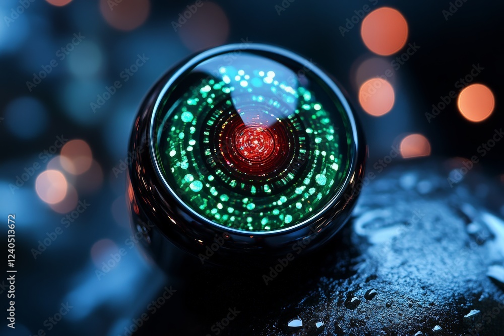 Poster glowing circular device emits colorful lights against a blurred backdrop of soft bokeh