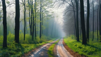 Fototapeta premium Serene forest path surrounded by lush greenery and misty atmosphere