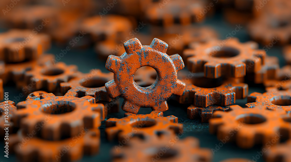 Poster exploring layers of rusted gears interwoven with outdated mechanisms in an industrial environment cl
