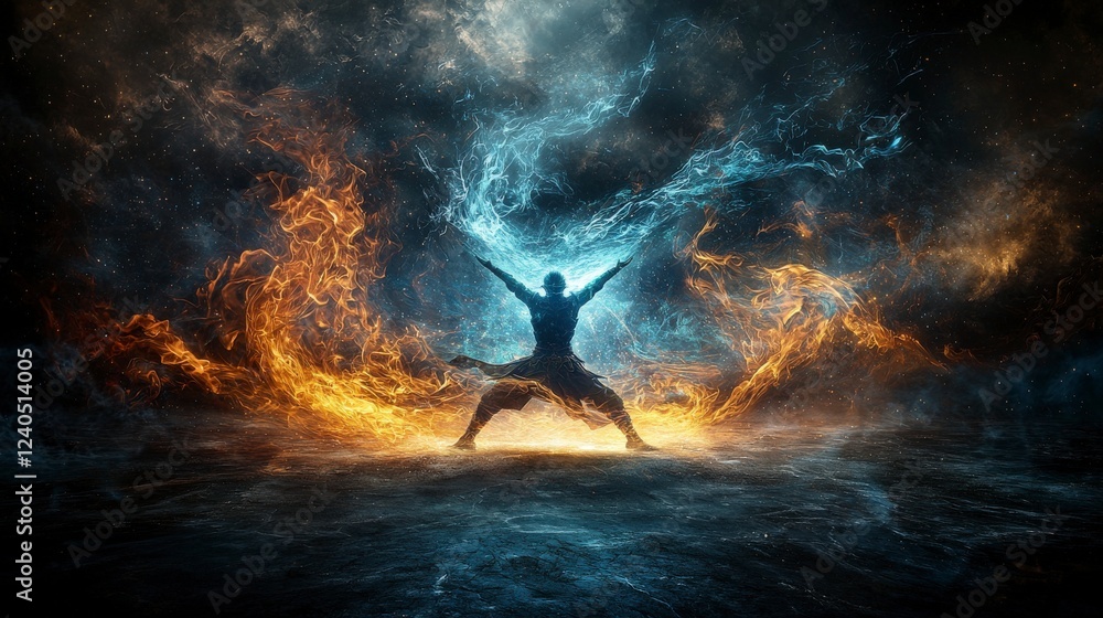 Poster warrior training in celestial realms high heavens digital art cosmic environment dynamic viewpoint m