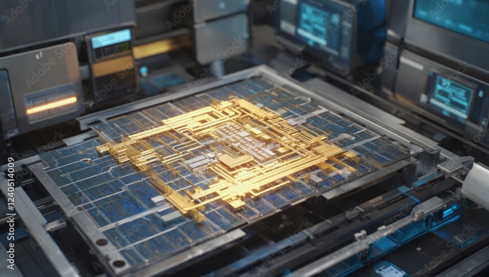 Poster golden microchip on circuit board, futuristic tech lab background. website banner image