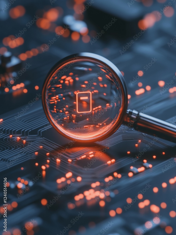 Poster Futuristic Cybersecurity Visualization Digital Circuit Board with Padlock and Magnifying Glass - High-Tech Network Protection and Innovative IT Solutions