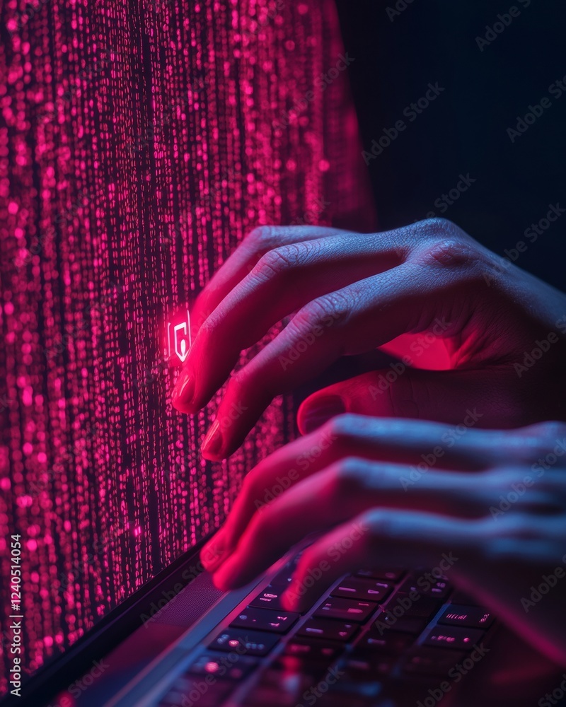 Poster Cybersecurity Aesthetic Hands Typing on Sleek Keyboard with Digital Lock Icon Hologram - Modern Data Protection in IT Industry for Enhanced Digital Security Strategy