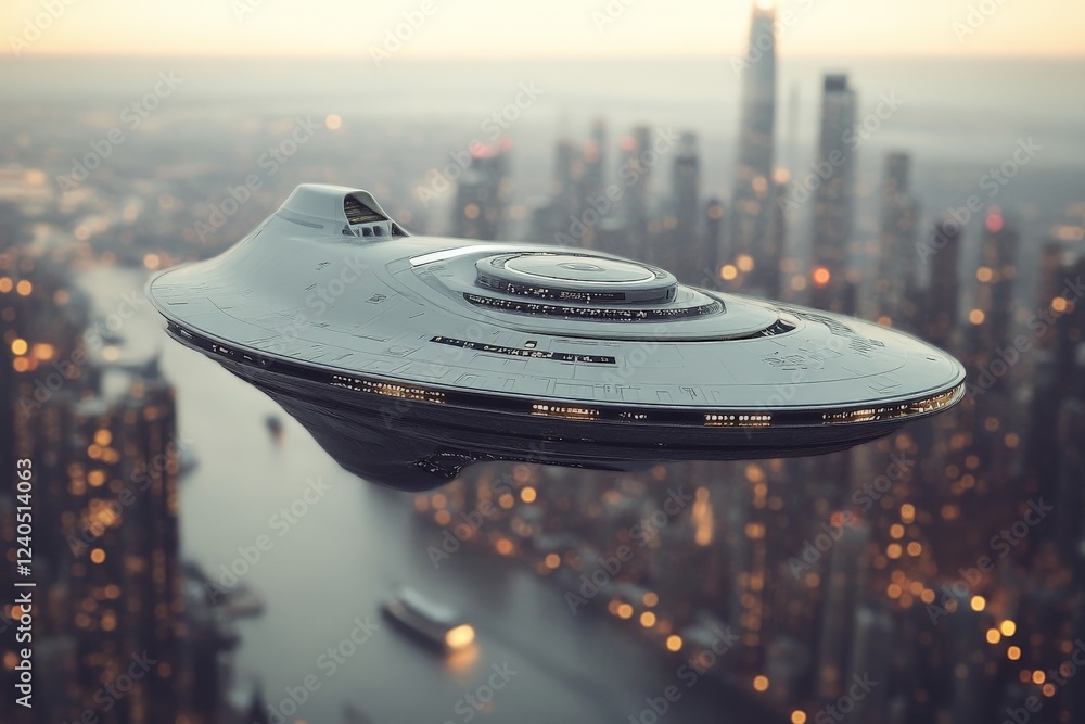 Poster futuristic spaceship flying over a city skyline at sunset showcasing urban architecture and a river 