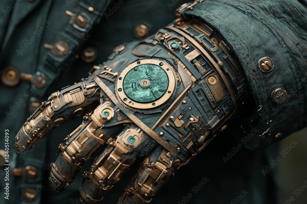Poster intricate mechanical hand with steampunk elements displayed against a textured background in a creat
