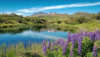 Serene Landscape with Purple Flowers, Calm Lake, Green Hills, and Majestic Mountains under Clear Blue Sky in a Beautiful Natural Environment