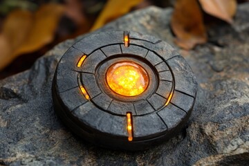 Decorative stone with glowing orange center placed on a rocky surface in a natural outdoor setting during the day