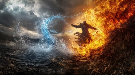 Fototapeta premium Sorcerer wields elemental magic in a clash of water and fire fantasy realm digital art dramatic landscape