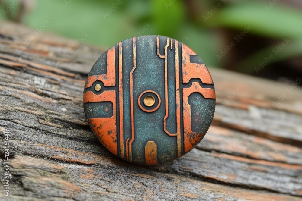 Poster unique round button with intricate design resting on textured wood outdoors during daylight