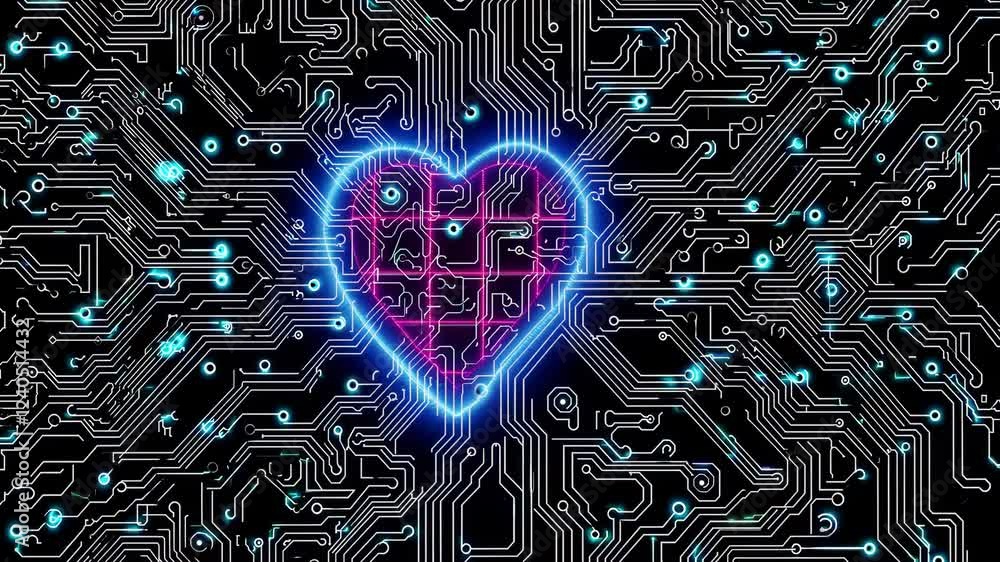 Poster a high-contrast design featuring a neon heart grid overlayed on a black circuit backdrop, emphasizin