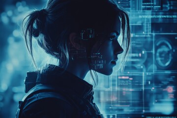 Young woman engaged in technology research with digital interface in a futuristic environment