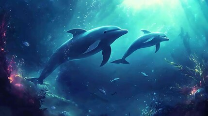 Fototapeta premium Two Dolphins Swimming Through a Sunlit Underwater World