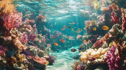 Obraz premium Vibrant underwater scene, colorful coral reef teeming with marine life, ideal for promoting ocean conservation themes.