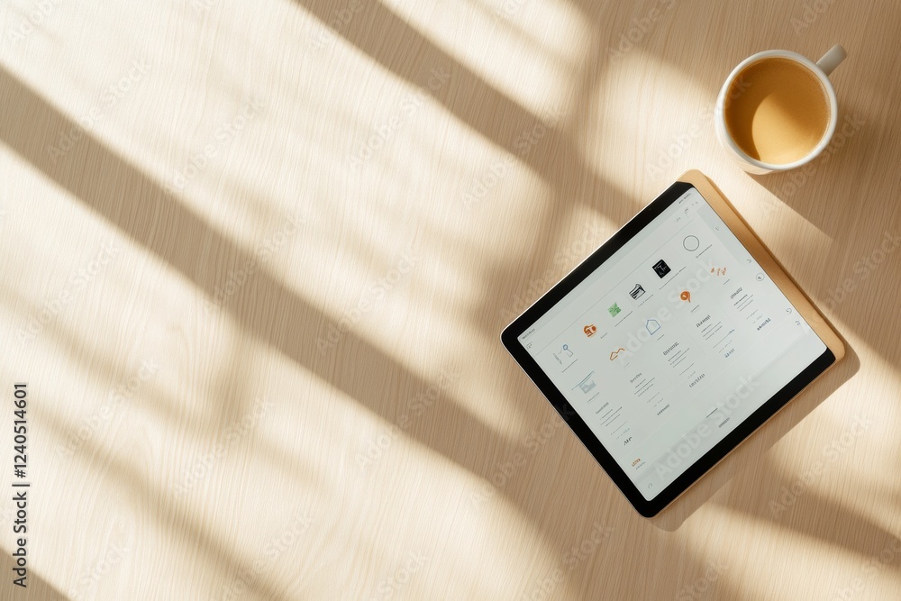 Aufkleber minimalist smart living display wooden tabletop with tablet interface and coffee - iot solutions for