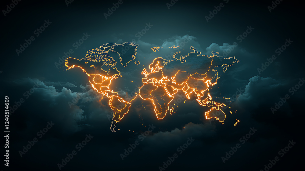 Poster dynamic lightning arcs illuminating a world map global digital artwork atmospheric environment aeria