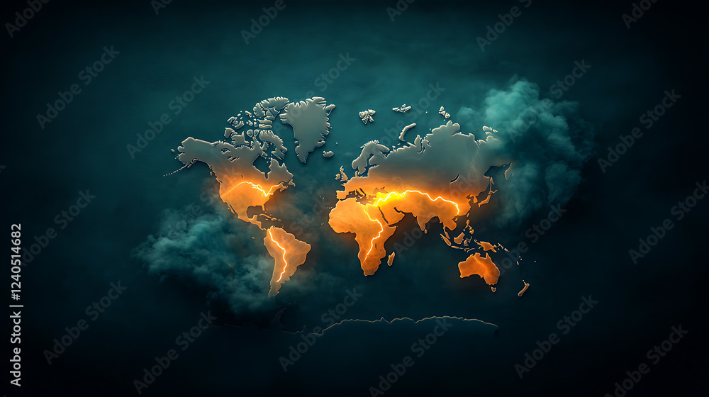 Poster dynamic lightning arcs illuminate global map digital art creation futuristic environment atmospheric