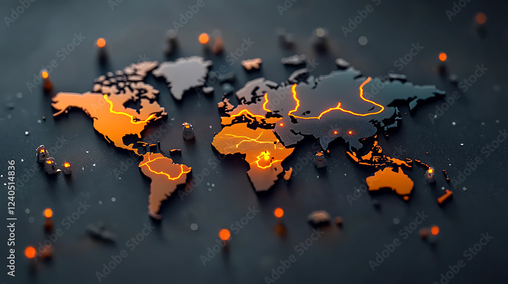 Poster illuminated world map with lightning arcs global geography digital art dark environment aerial view 