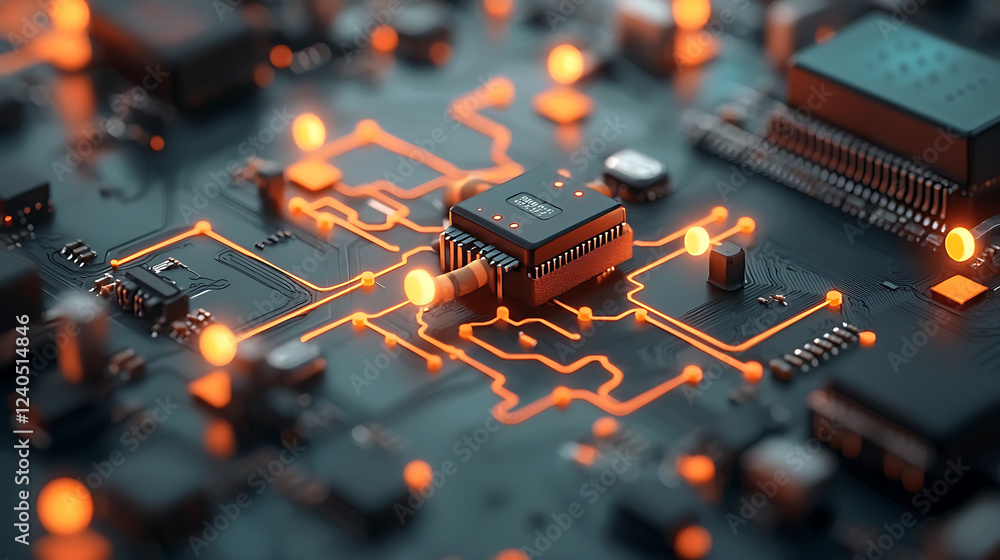 Poster dynamic digital connectivity lightning bolts on a circuit board technology hub macro photography fut