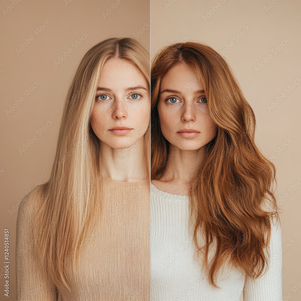Poster before and after transformation revealing differences between thin and thick hair in a studio settin
