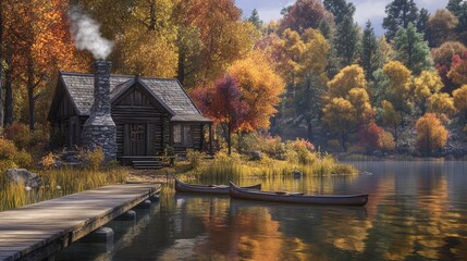 Fototapeta premium Autumnal Lakeside Cabin Retreat: Serene Fall Scenery