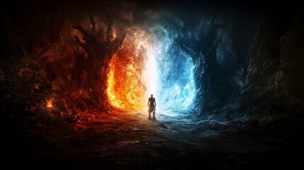 Warrior's journey through dimensional worlds fantasy realm digital art vibrant contrast heroic perspective