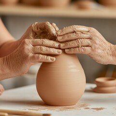 Mindful Crafting Together Organic Clay Vase Creation in Soft Studio Light - Couples Art Therapy and Bonding for Contemporary Wellness and Creative Retail Marketing