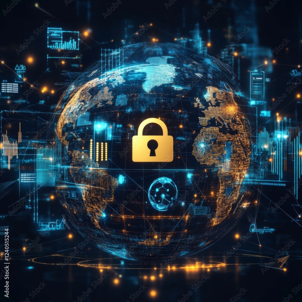 Poster digital security and cyber protection concept with lock icon on background