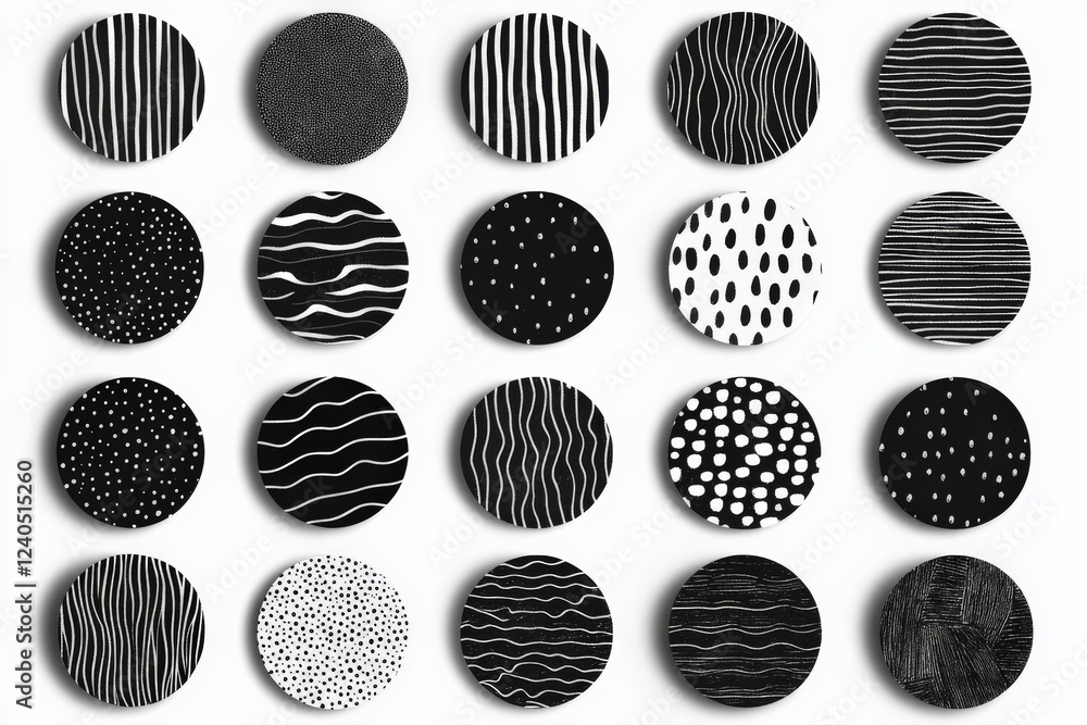 Aufkleber various black and white circular patterns arranged in a grid layout showcasing diverse designs and t