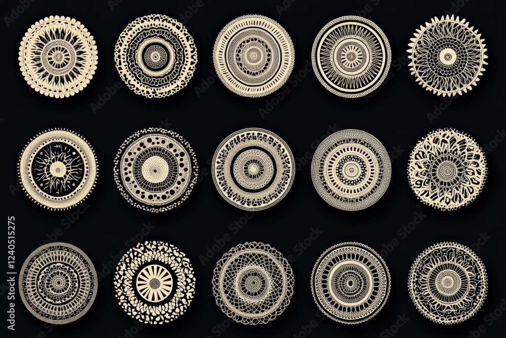 Poster intricate circular patterns showcasing detailed designs on a dark background in a creative art colle