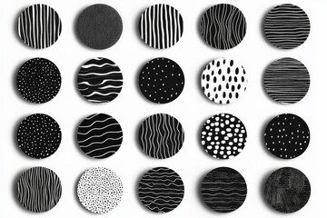 Various black and white circular patterns arranged in a grid layout showcasing diverse designs and textures