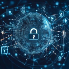 Digital security and cyber protection concept with lock icon on background