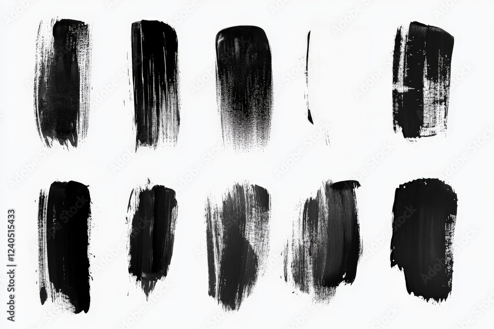 Poster black brush strokes in various styles showcasing artistic techniques and textures on a white backgro