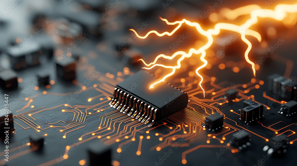 Poster dynamic energy surge circuit board digital art high-tech environment close-up view lightning-inspire