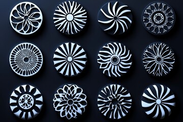 Intricate black and white designs displayed in a grid pattern on a dark surface