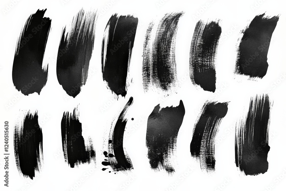 Poster artistic black brush strokes on a white background showcasing various styles and techniques for crea