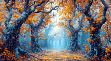 Enchanted Autumn Forest with Vibrant Orange Leaves and Mystical Fog Illuminating the Path Through Majestic Trees