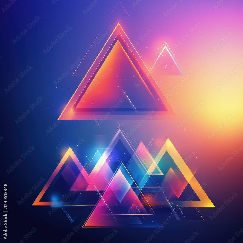 Poster vibrant geometric triangles with gradient colors and light effects in abstract design, copy space fo