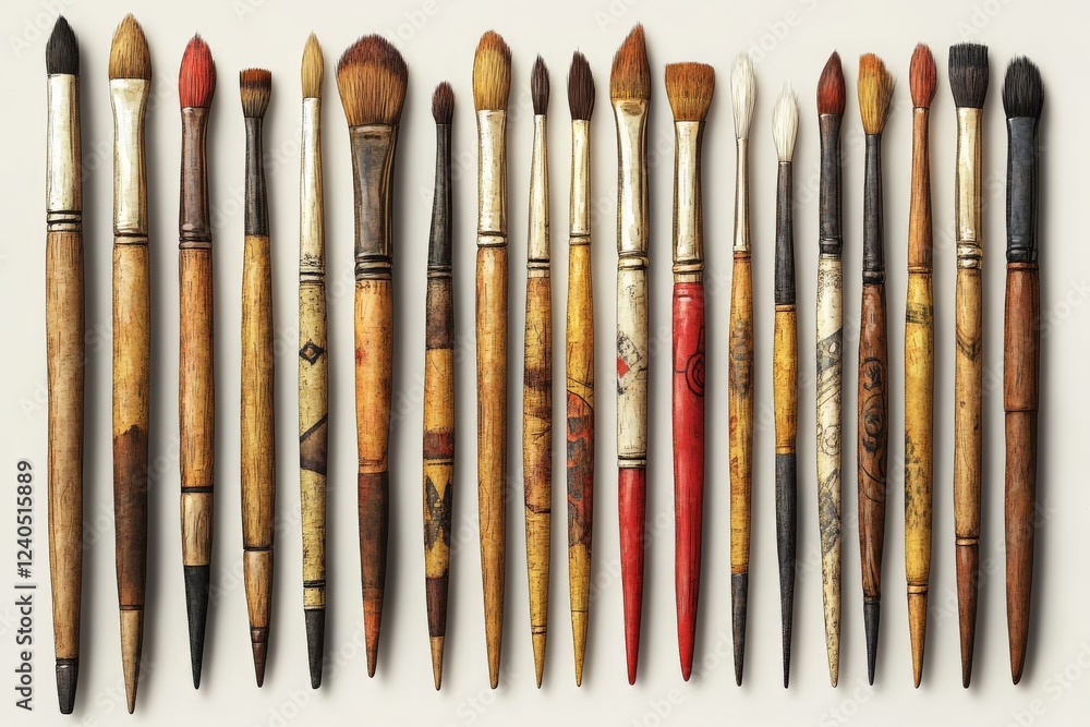 Poster collection of artist paintbrushes arranged neatly on a light background showcasing various sizes and