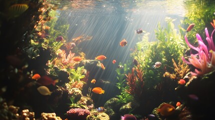 Vibrant underwater scene, colorful coral and fish swimming in clear blue water, peaceful aquatic ecosystem, serene ambiance.
