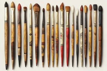 Fototapeta premium Collection of artist paintbrushes arranged neatly on a light background showcasing various sizes and shapes of bristles