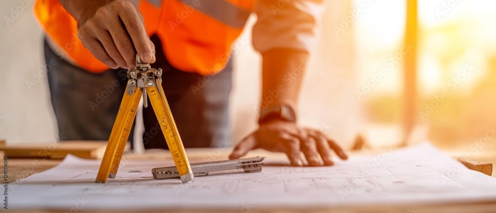 Poster industrial precision construction worker in high-vis vest inspects blueprints with measuring tools -