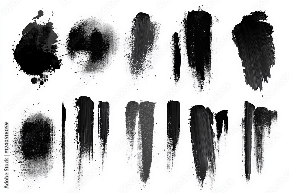 Aufkleber black paint brush strokes on a white canvas showcasing varied textures and applications in artistic 