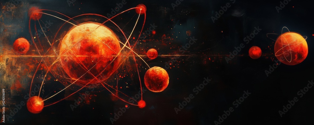Poster atomic structure with red planets and cosmic elements, depicting a vibrant universe with celestial b