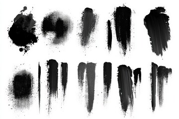 Black paint brush strokes on a white canvas showcasing varied textures and applications in artistic expression