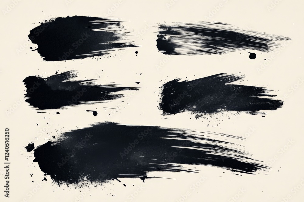 Poster Black paint strokes and splatters on a light background create a dramatic artistic effect suitable for various creative projects