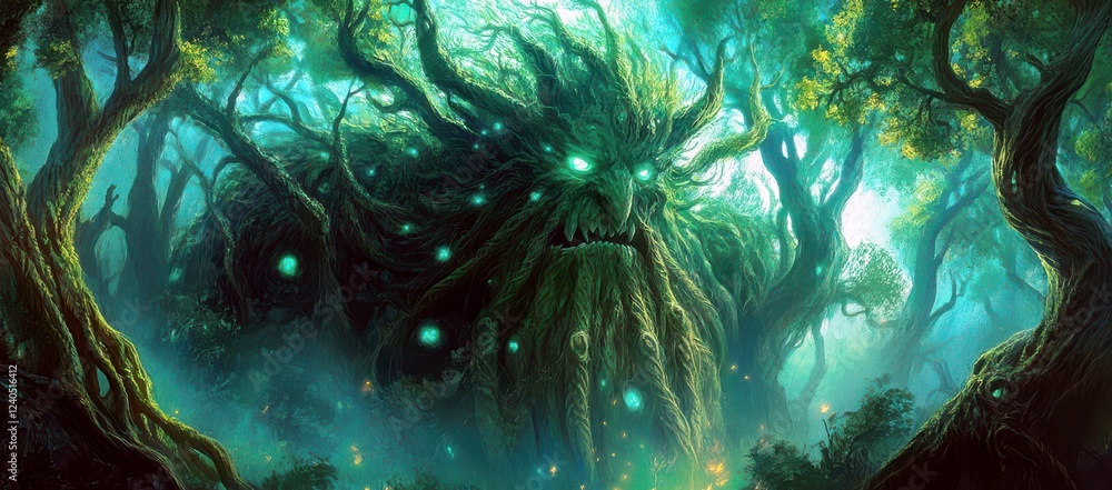 Poster enchanted forest guardian with lush greenery and mystical light in an ethereal setting inviting wond