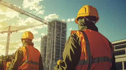 Construction workers observing a high-rise building under construction.