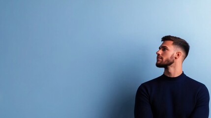 Fototapeta premium Contemplative young man studio setting portrait photography soft blue background side view personal reflection concept