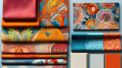 Colorful patterned fabrics arranged artistically with vibrant hues